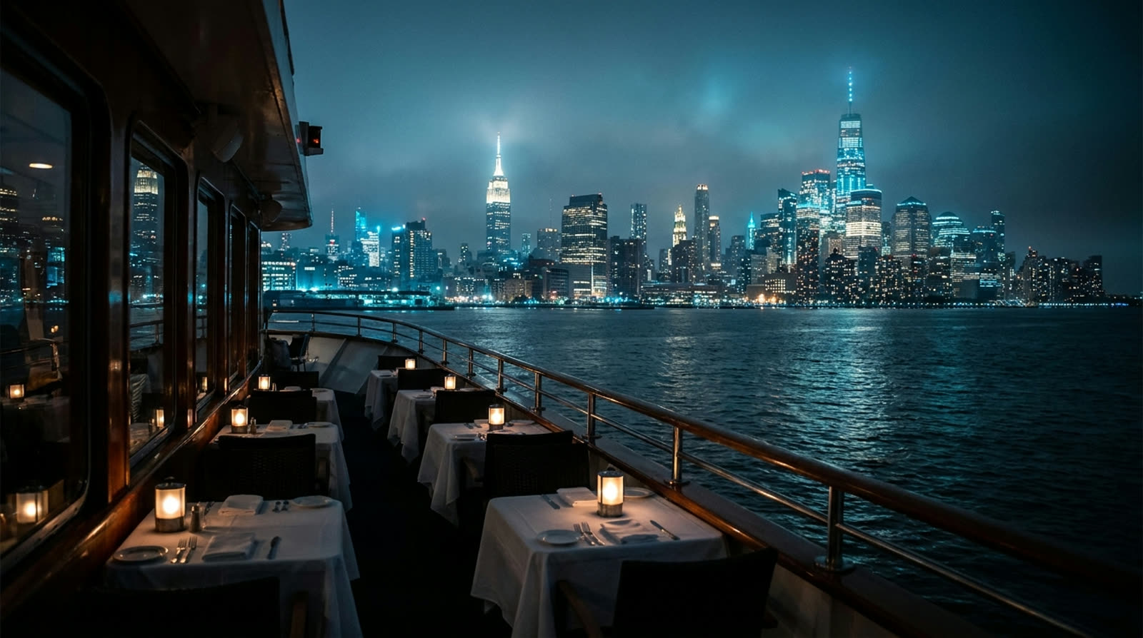 Barco Hornblower Lexington à noite com o skyline de Manhattan